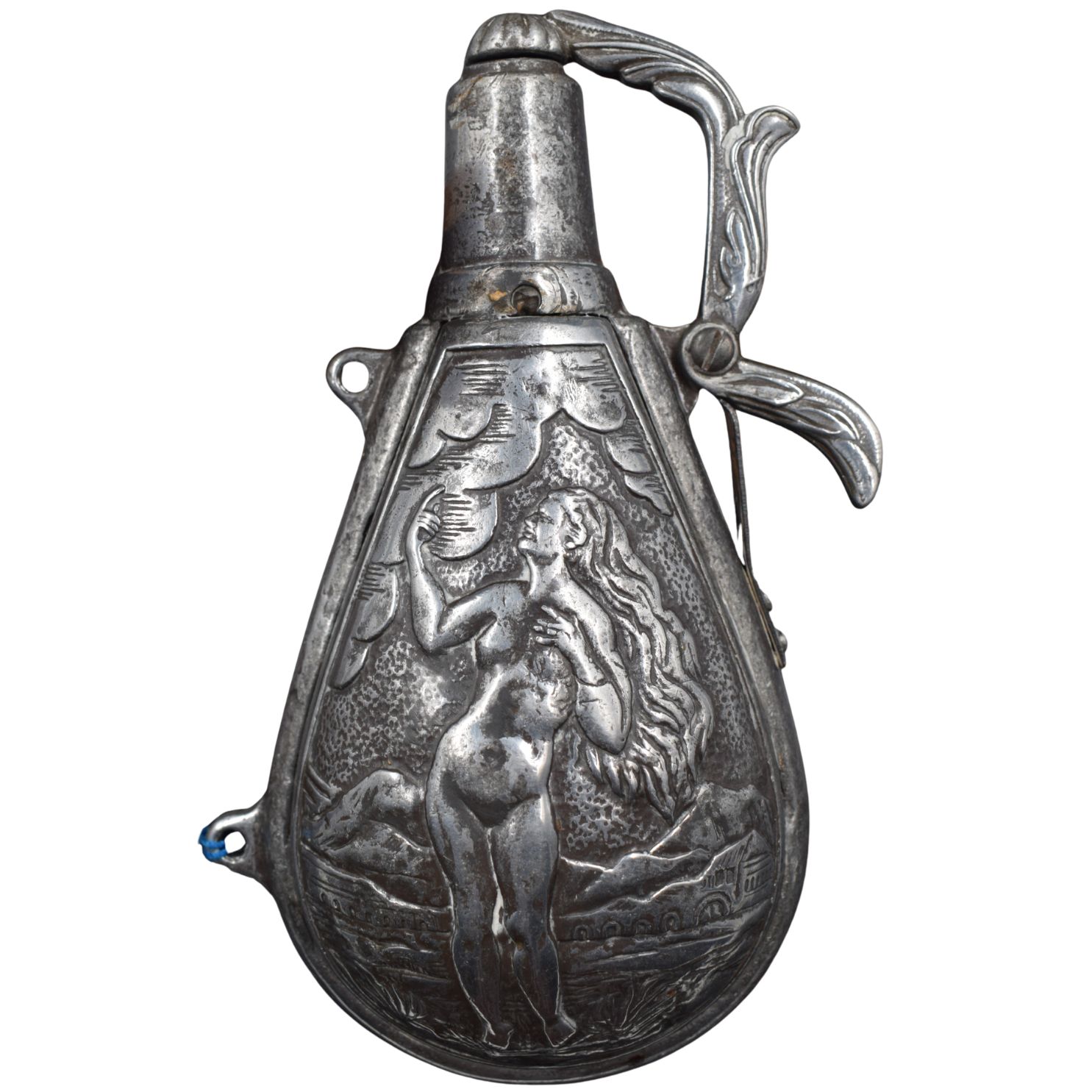 VENDUTO Fiaschetta porta polvere da sparo in ferro stampato e cesellato con figure mitologiche - immagine 2