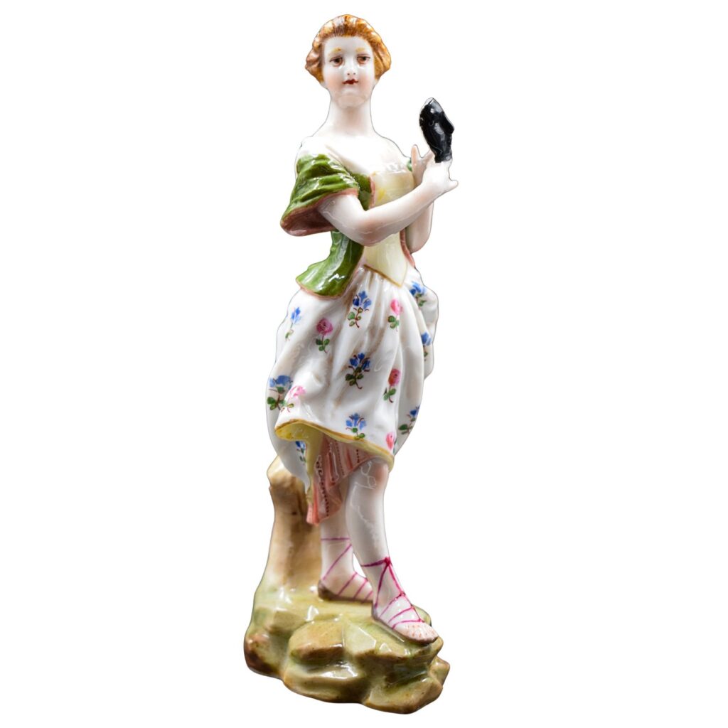Scultura in Porcellana di Meissen – Figura della Commedia dell'Arte con Maschera (Colombina?), XIX Secolo