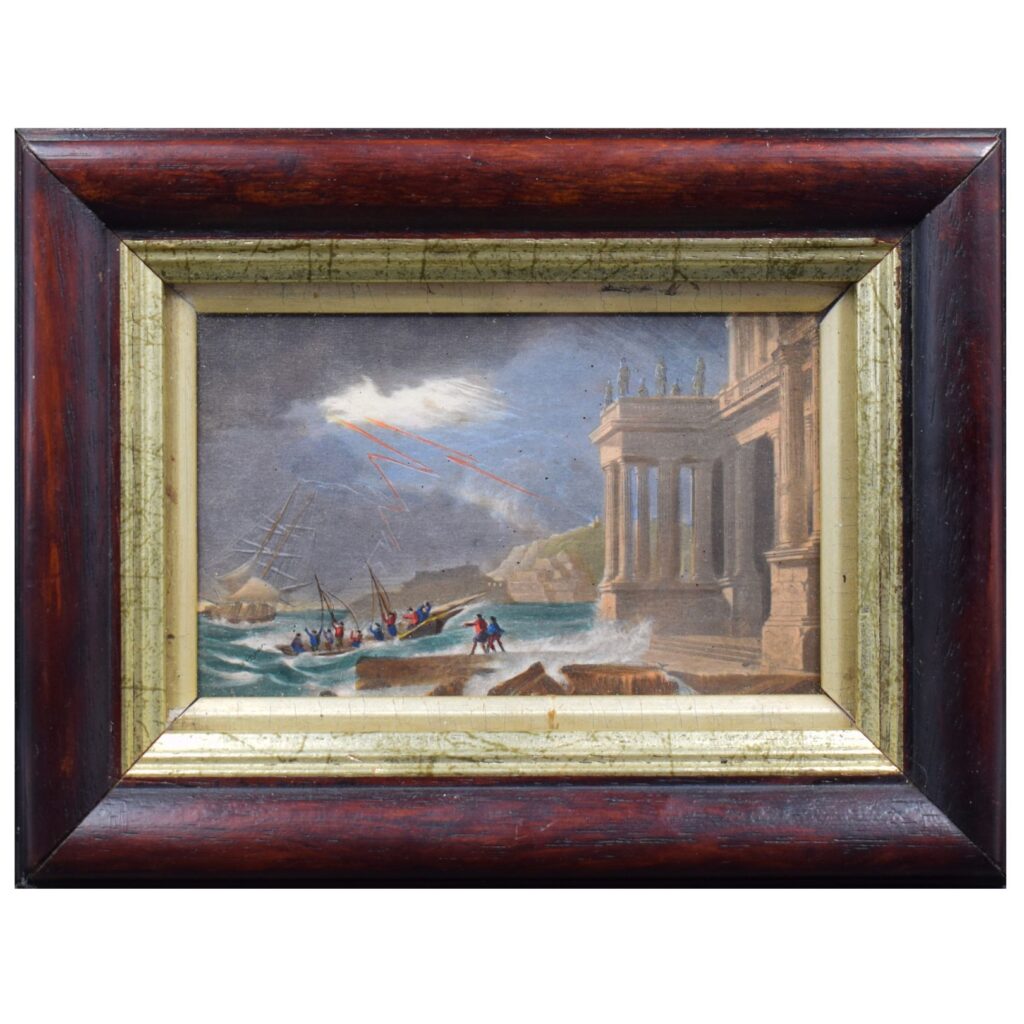 Capriccio architettonico con tempesta marina a guaches della fine del Settecento