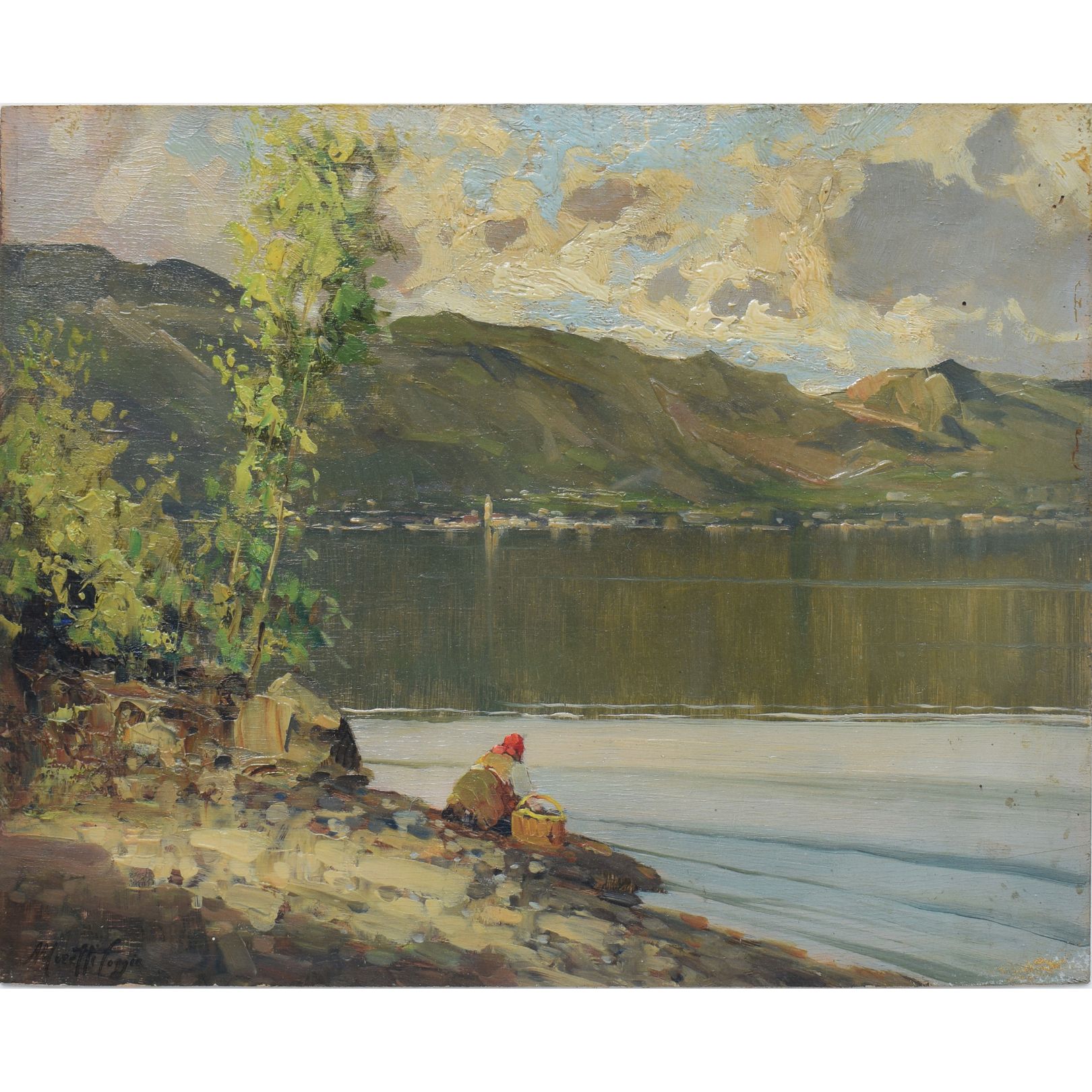 Mario Moretti Foggia (1882 - 1954), Veduta lacustre con lavandaia - immagine 2