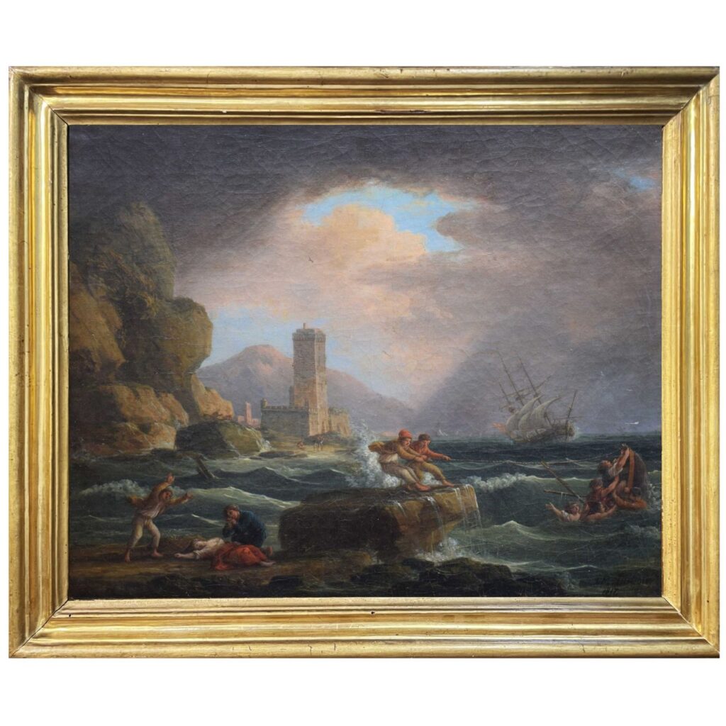 Jean Michel Diebolt, Marina in tempesta del 1817 – Dipinto antico a olio su tela