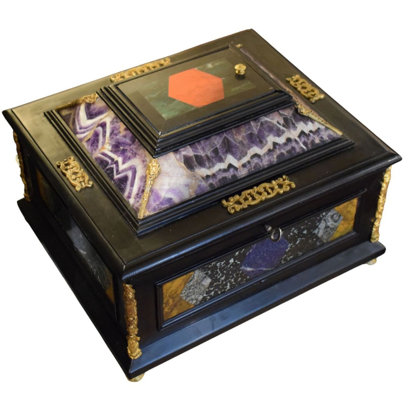 Stipo cofanetto in pietre dure policrome e bronzi dorati, XIX secolo - immagine 3